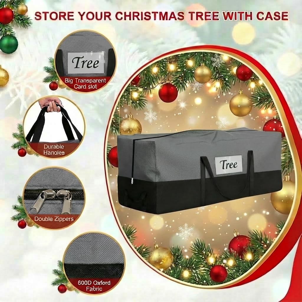 Christmas Tree Storage Bag, Fits Up to 10-12 Ft Tall Artificial Trees, Heavy Duty 600D Oxford Skeleton Storage Box with Reinforced Handles, Zipper, Transparent Pocket, Gray