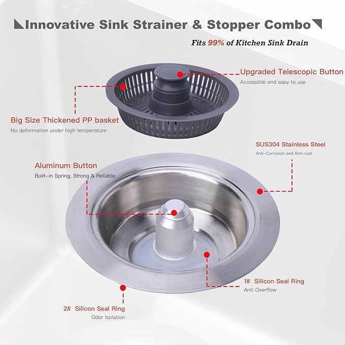 Kitchen Sink Drain Strainer 3 in 1, 304 Stainless Steel Pop Up Sink Stopper