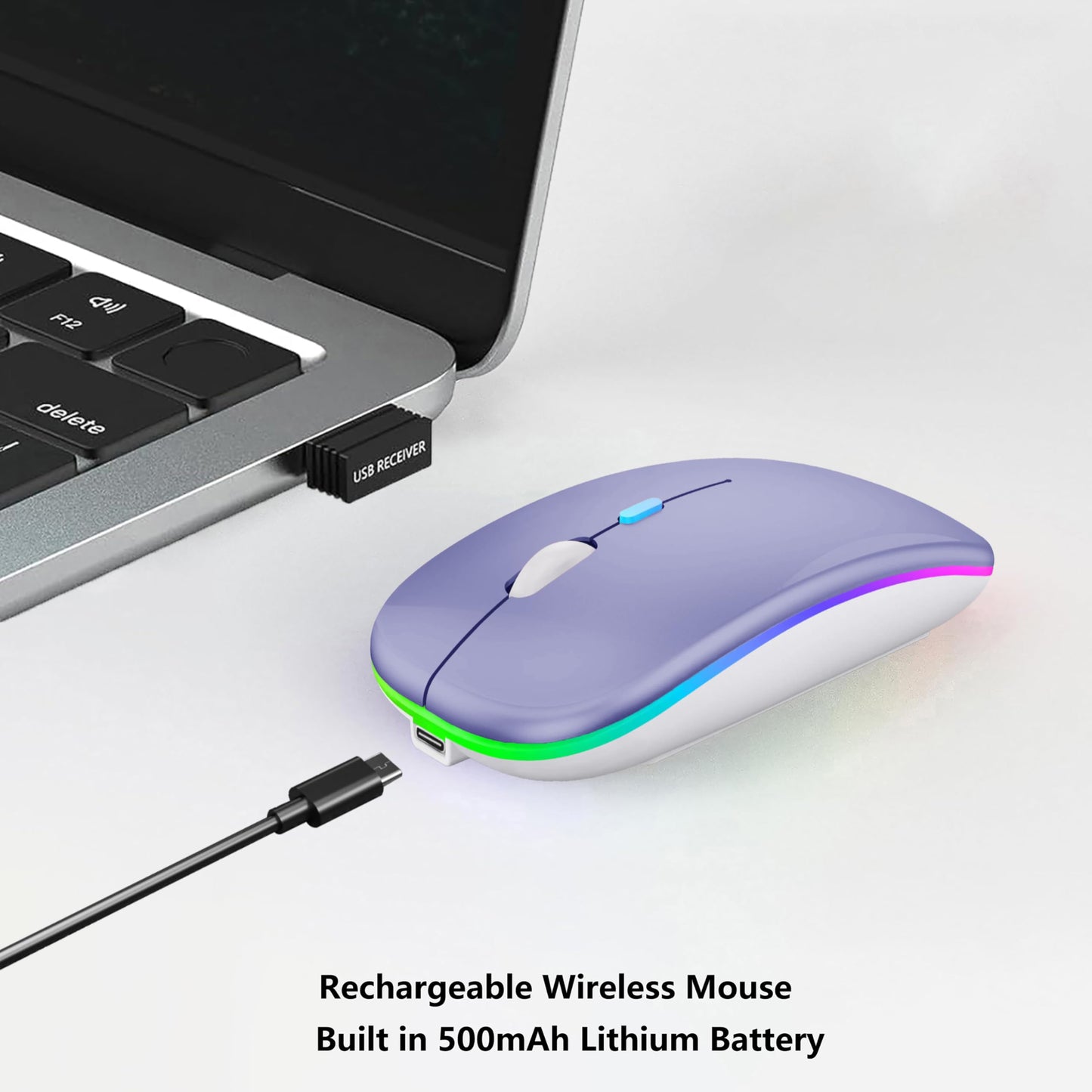 Wireless Bluetooth Mouse Rechargeable Laptop Mice with LED Lights Silent Slim Use(BT5.2 and 2.4G Portable USB Receiver)Dual Mode Computer Mouse for Laptop/iPad/Tablet/Apple/Computer/Mac(Black)