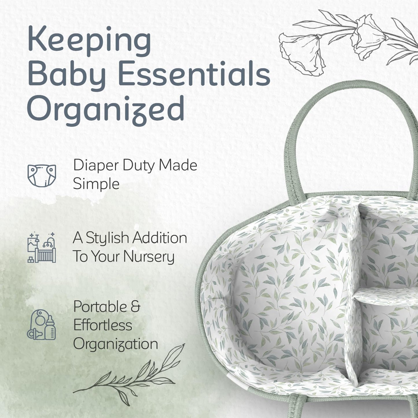 KiddyCare Diaper Caddy Organizer for Baby Nursery Basket with Handle Lid Nursing Caddy with Changing Table Organizer Cart Newborn Caddy Basil Large