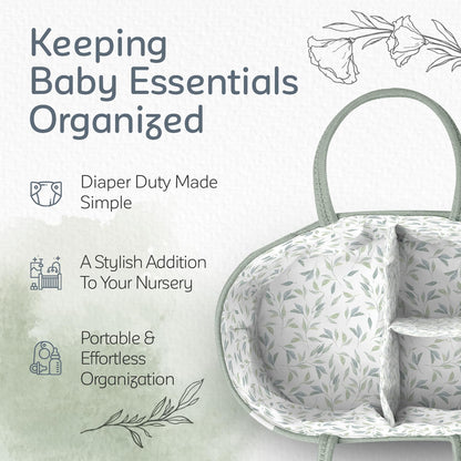 KiddyCare Diaper Caddy Organizer for Baby Nursery Basket with Handle Lid Nursing Caddy with Changing Table Organizer Cart Newborn Caddy Basil Large