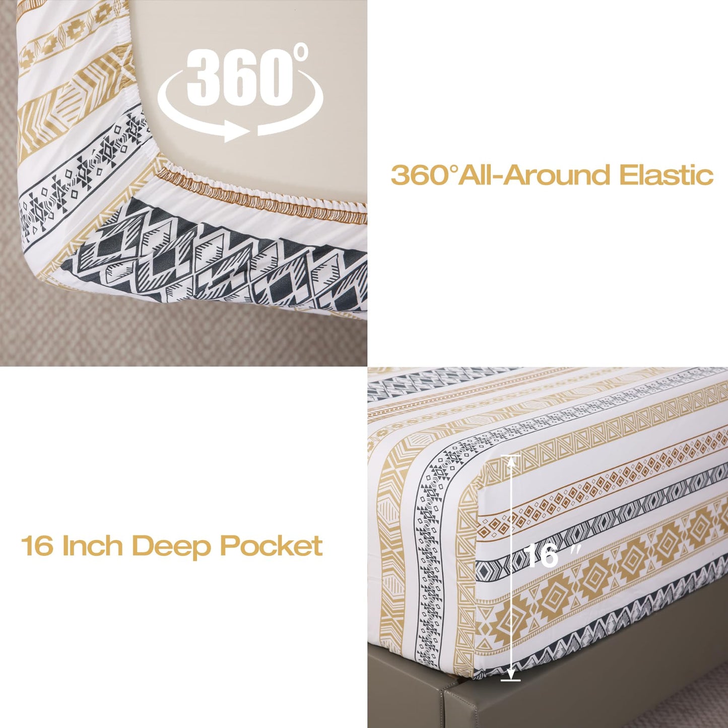 Yibeizi Striped Printed Sheet Set King, Boho Pattern Bed Sheets Fall Bedding Sheets & Pillowcases Soft Microfiber 15" Extra Deep Pocket Fitted Bedsheet 4 Piece
