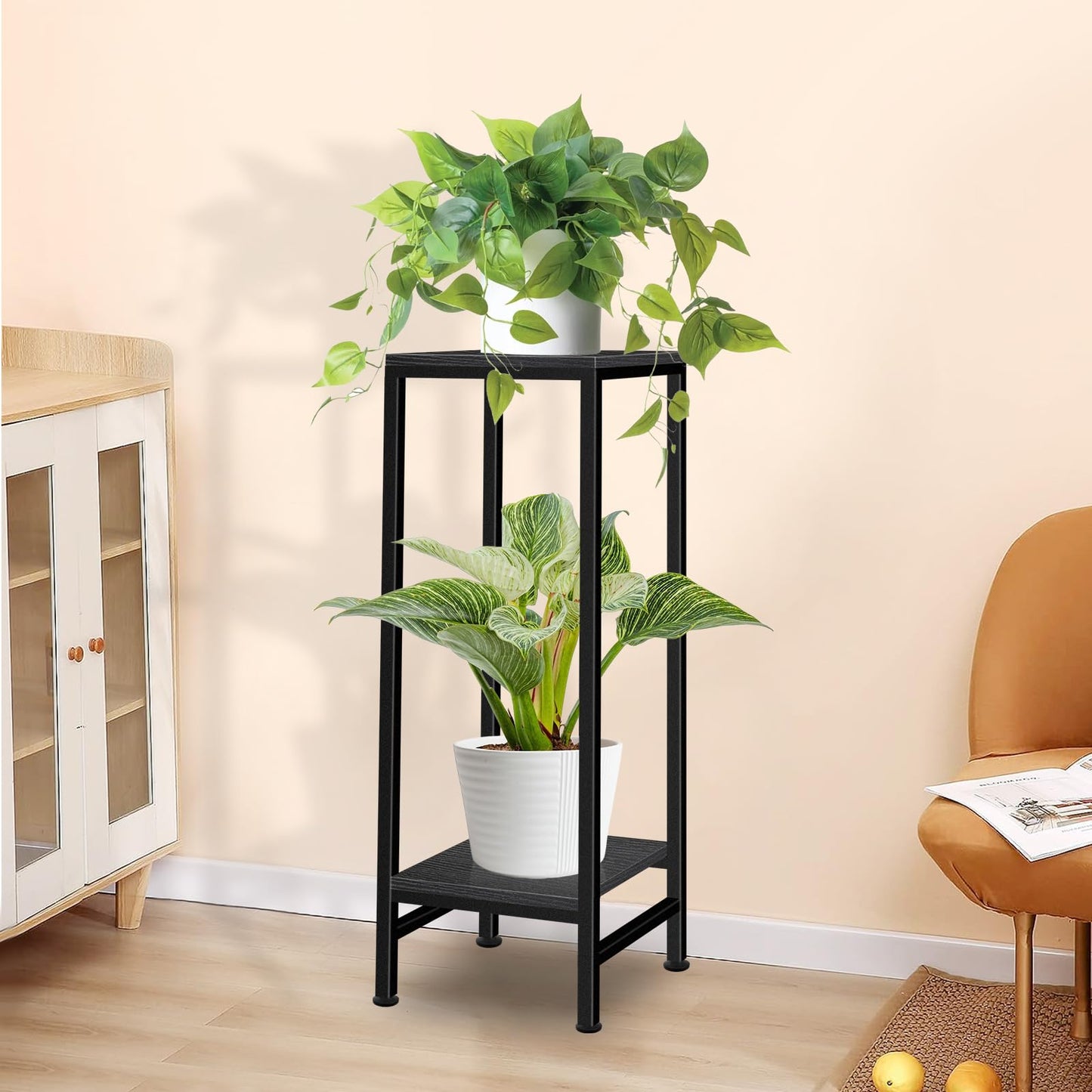 Plant Stand Indoor, Tall Plant stands for Indoor Outdoor Plants, 2 Tier Heavy Duty Plant Shelf 31" Metal Pedestal Stand Modern Corner Flower Stand for Patio, Living Room, Balcony(Black)