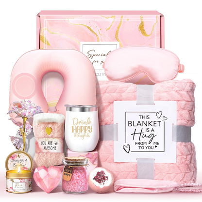 Birthday Gifts for Women Self Care Gifts Get Well Soon Gifts for Women,Relaxing Spa Gifts Basket w/Flannel Blanket Traveling Pillow Care Package christmas Birthday Gifts Idea for Mom Her Wife Friends