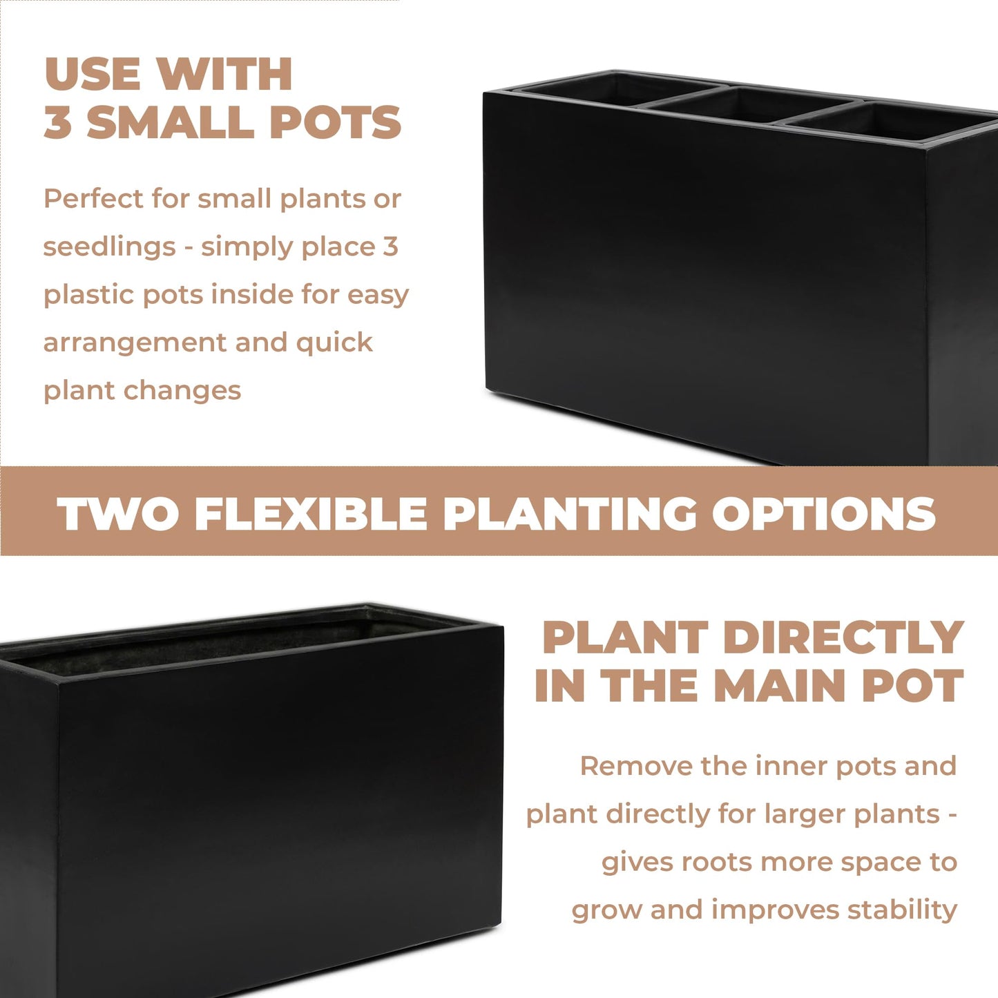 DEPLA LANE Trevano Fiberstone Rectangular Planter (26" L x 9.8" W x 15.7" H) Smooth Finish, Removable Inner Pots, Lightweight, Durable, UV Resistant, Minimalist Indoor Outdoor Plant Pot (M, Black)