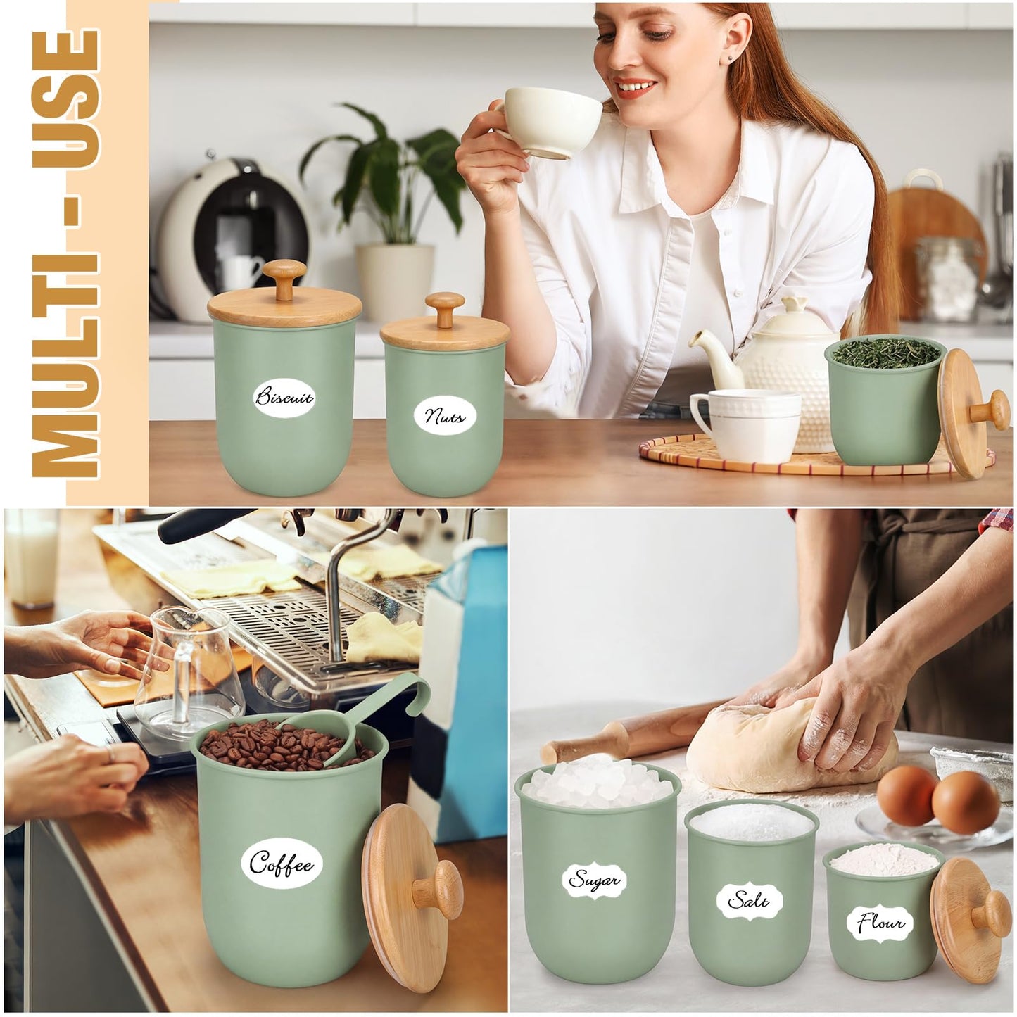 Remerry Metal Kitchen Canisters for Countertop Set of 3 Sugar Flour Canisters Set with Airtight Bamboo Lids Kitchen Jars with Spoon DIY Labels for Coffee, Tea, Spice, Sugar, Salt(Sage Green)