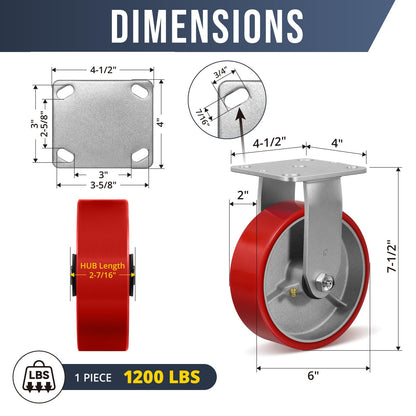HANDSAMMU 6" X 2" Heavy Duty Casters- Industrial Casters, Polyurethane Casters Wheels, Capacity up to 4800 Lb. Use for Platform Truck, U-Boat Cart,Workbenches (4 Rigid)