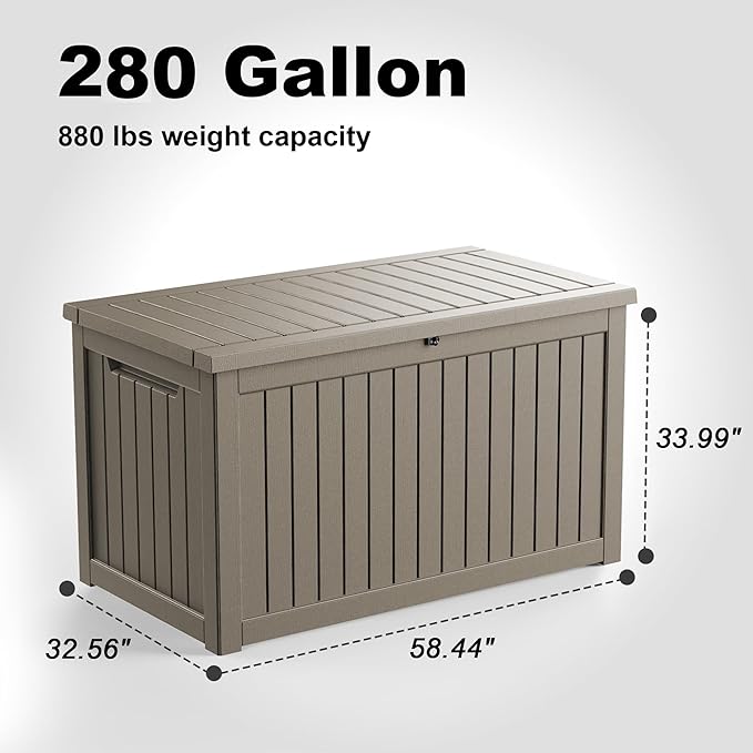 280 Gallon Outdoor Storage Box, Large Resin Deck Box for Patio Cushions, Garden Tools, Pool Accessories, Waterproof and Lockable Design, Storage Bench for Backyard & Deck(Gray)