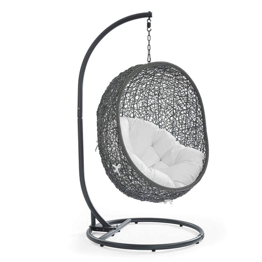 Modway Hide Wicker Rattan Outdoor Patio Porch Lounge Egg Swing Chair Set with Stand in Gray White