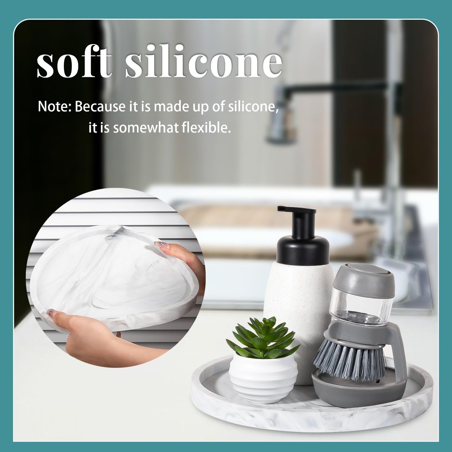 Silicone Bathroom Tray Round Vanity Tray Decorative Soap Holder Kitchen Countertop Organizer Coffee Table Decor for Candle, Perfume, Plant, 9 Inch, Marble Grey