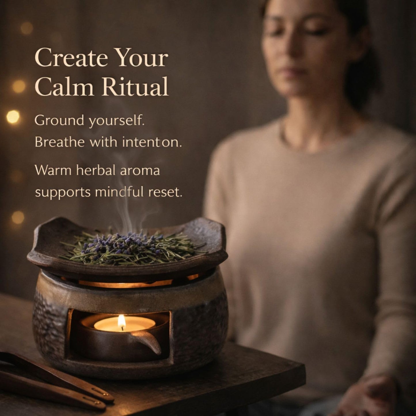 Zen Ceramic Incense Holder with Wooden Tongs, Tealight Wax Warmer and Essential Oil Burner for Wax Melts, Dried Herbs and Palo Santo, Aromatherapy Stove for Bedtime Calm, Meditation, Home and Office