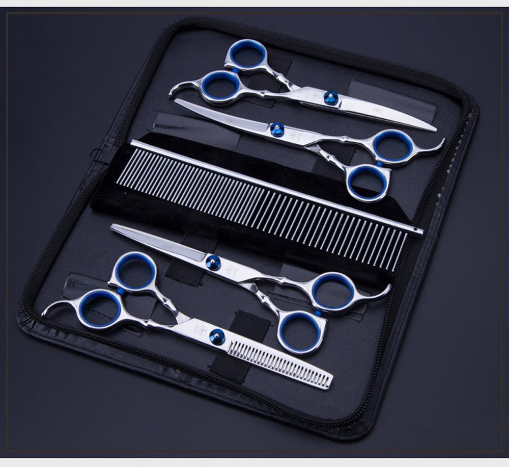 Hundeschere Fellschere für Hunde Katze 5-in-1 Scharfe Gebogene Schere Set Dog Grooming Set für Gesicht, Körper, Ohren