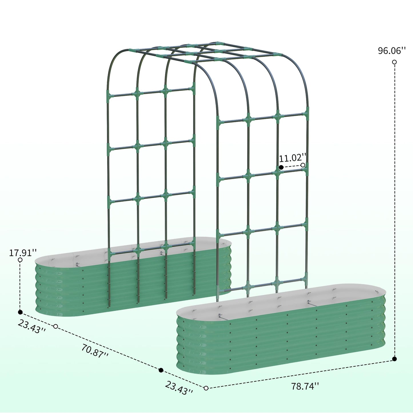 Galvanized Raised Garden Bed with 96 in Tall Vertical Arch Trellis – Expandable Rust-Resistant Planter Box for Outdoor Plants, Flowers, Herbs & Vines – Includes Plant Clips, Drainage Netting,Green