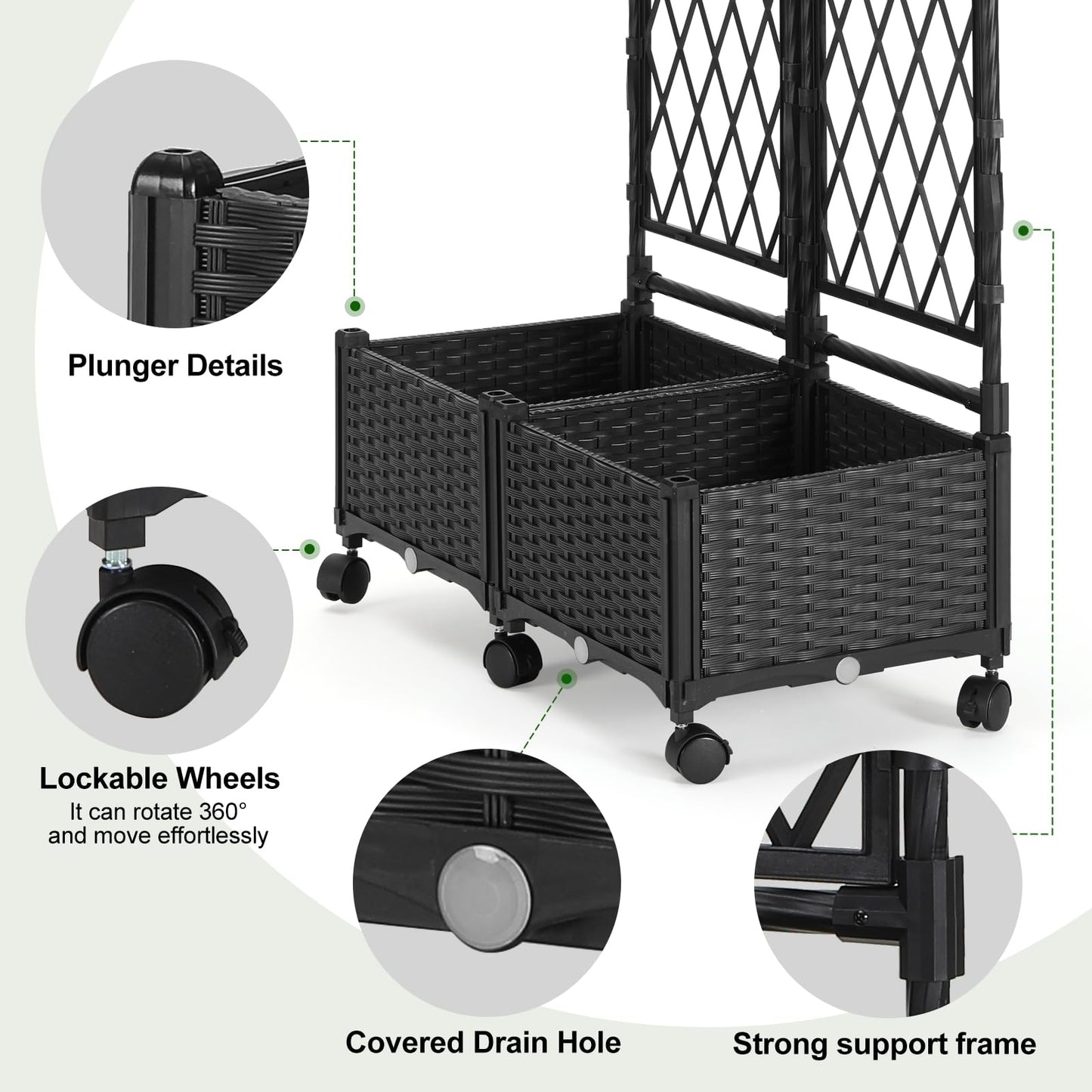 FOLLOOK Planter Box with Trellis, 4ft Tall Self-Watering Plastic Raised Garden Beds and Lattice Trellis with Lockable Wheels & Drain Plug for Outdoor Patio Backyard Balcony, Black, 2 Pcs