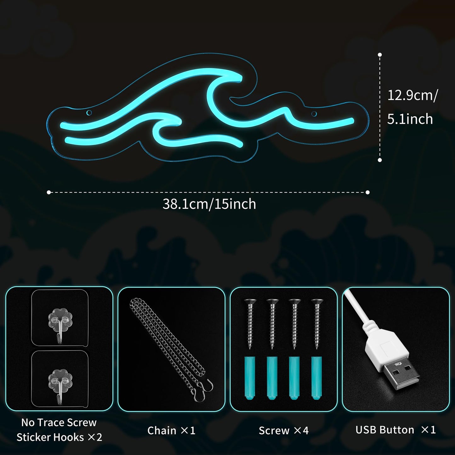 MissAudrey Wave Neon Signs with Cycle Timer, 15 * 5.1" Dimmer Ice Blue Wave Led Neon Light Sign For Kids Wall Decor USB Powered For Living Room Bar Bedroom Decorations Christmas Gift