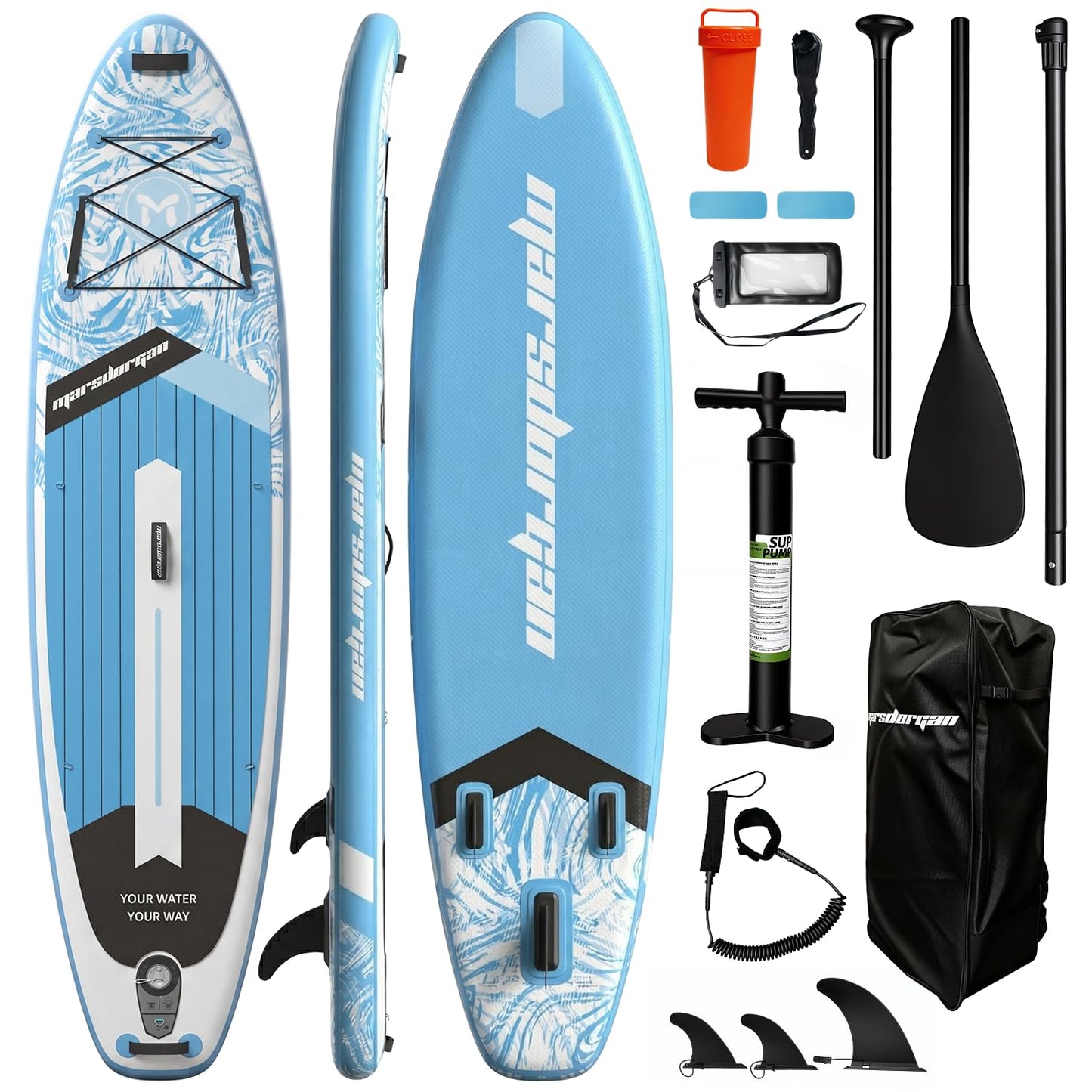 Marsdorgan 11'x34 Inflatable Paddle Board for Adults Youth, Extra Wide 430LBS Capacity SUP, Stable 2-3 Person Family for Lake Ocean Fishing, Complete Kit w/Pump & Backpack, Ice Blue