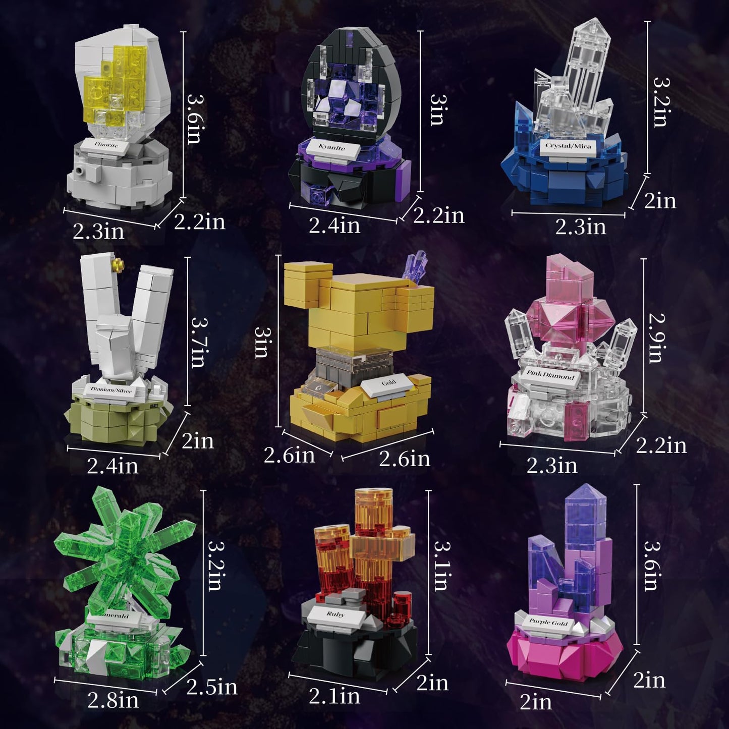 Mineral Display Building Blocks Set 794pcs, 9 Pack Gemstone Models, Crystal Rock Collection STEM Geology Bonsai Gems Home Office Decor, Compatible with Lego for Kids Adults Boys Girls 6+