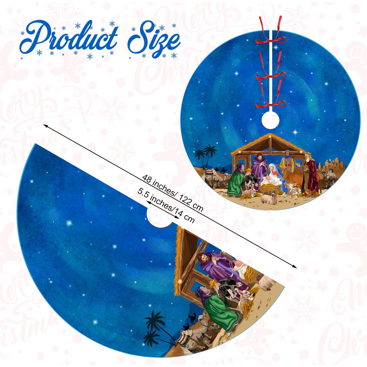 Blosssound Christmas Tree Skirt Christian Christmas Tree Mat Winter Holiday Party Decoration for Xmas Farmhouse Indoor Outdoor Decor Supplies(48 Inch,Blue)