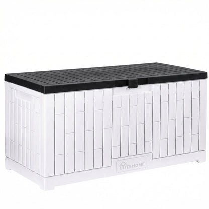 YITAHOME Large Deck Box 120 Gallon Resin Outdoor Storage Box w/Slide-Locking Black Lid, Patio Storage Bin for Outdoor Pillows, Garden Tools and Pool Supplies, Waterproof, Lockable, Grayish-White