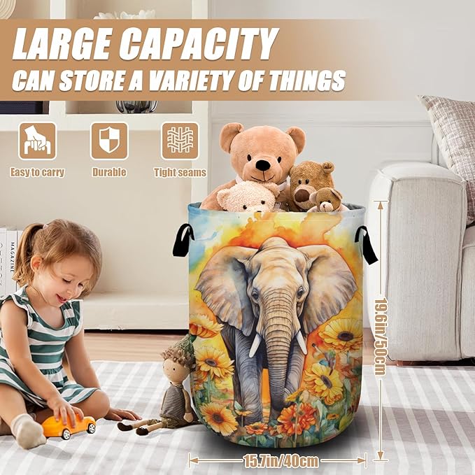 Watercolor Elephant Sunflower Laundry Basket, Foldable Wild Animals Laundry