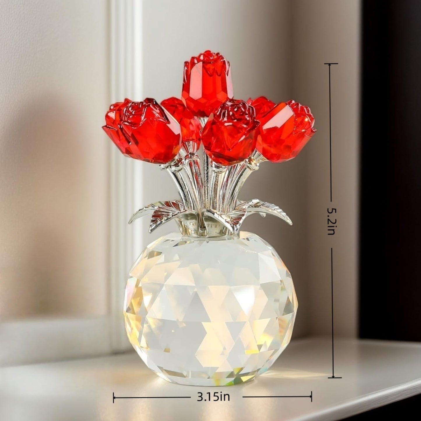 QAZMJUE Handmade Crystal Rose Flower Figurine - Elegant Red Glass Rose Bouquet for Wife, Mom, Women, Anniversary, Birthday, Wedding, Christmas, Home Decor Gift