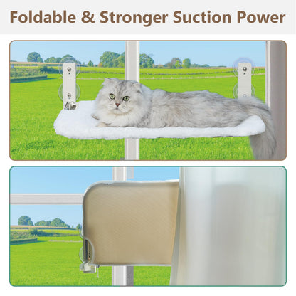 PEFUNY Cordless Folding Cat Window Perch, Cat Hammock for Window and Wall, with 4 Suction Cups, Sturdy Setal Frame for Glass Windows and Interior Walls (White Large)