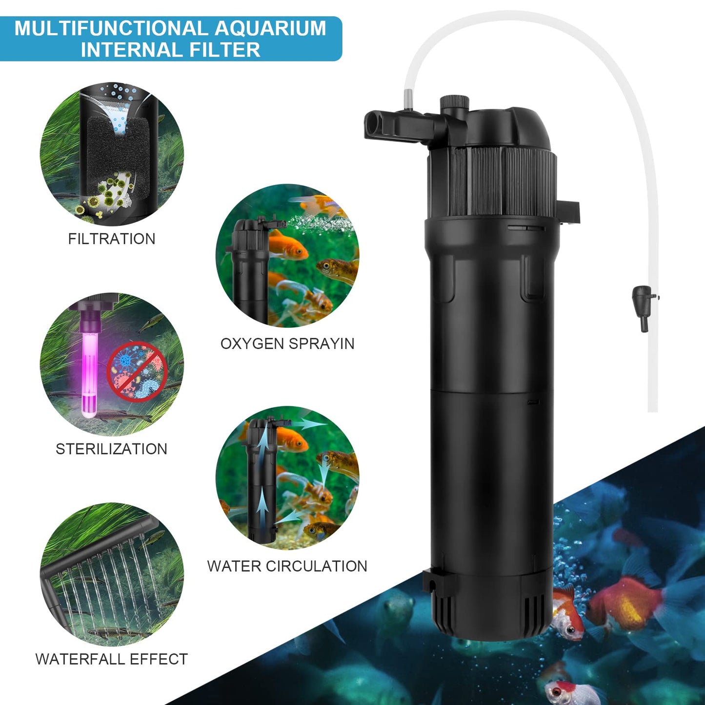 BAITAI Internal Fish Tank Filter,Aquarium Filter with UV Steriliser Turns Green Water to Clear,Multi-mode(Aeration/Rainfall,etc) Filter Pump for 80-200L Aquariums,Flow Rate and Direction Adjustable