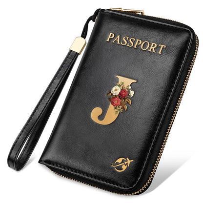 Passport Holder Cover Wallet with Zipper Personalized Initial Letter J Rose Flower RFID Blocking Travel Wallets Credit Cards Holder for Women, Gift for Wife and Girlfriend,J