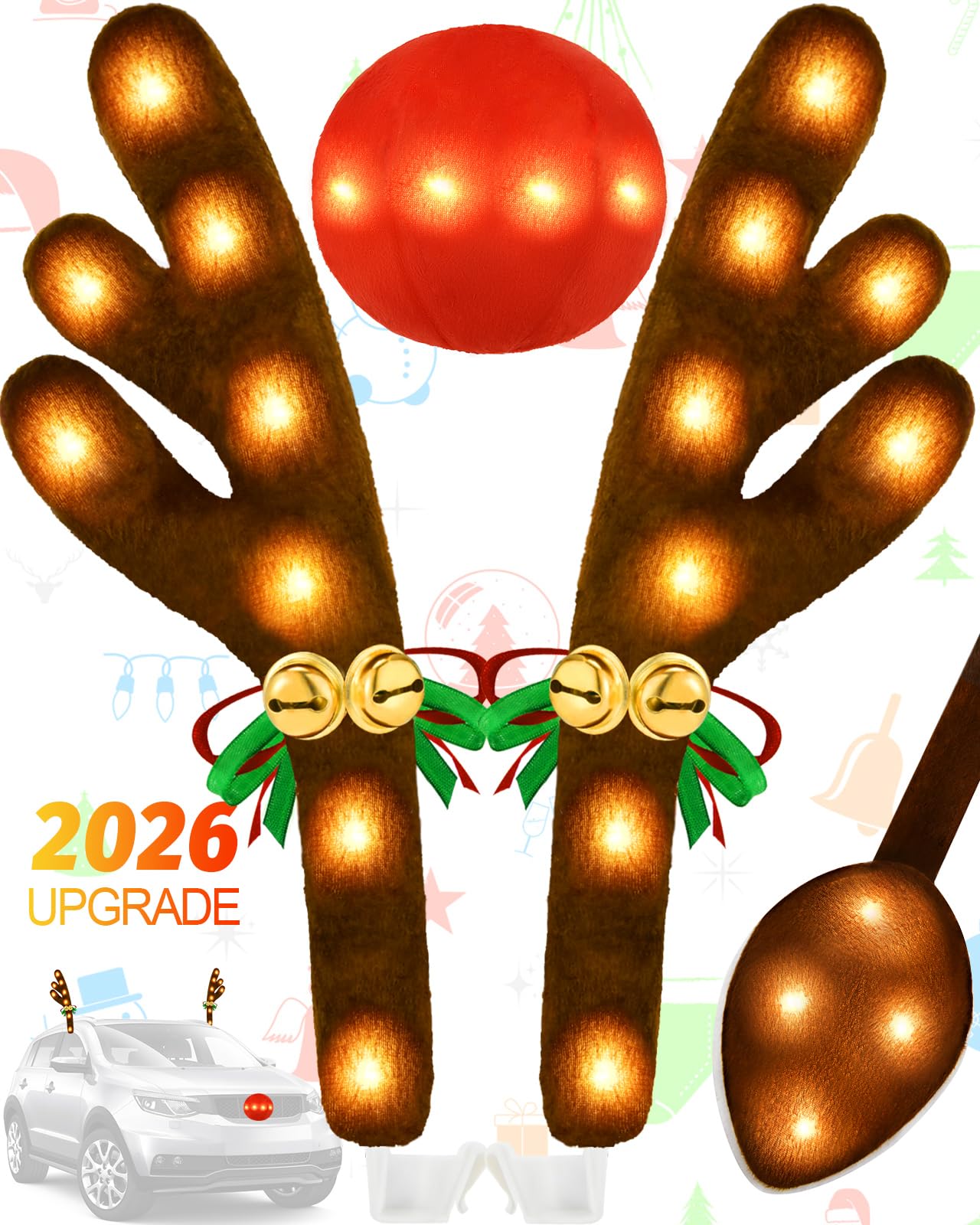 Christmas Reindeer Antlers Car Decoration Kit, Waterproof LED Lights Nose Vehicle with Jingle Bells Rudolph, Auto Holiday Accessories for SUV Van Truck Decor Warm White