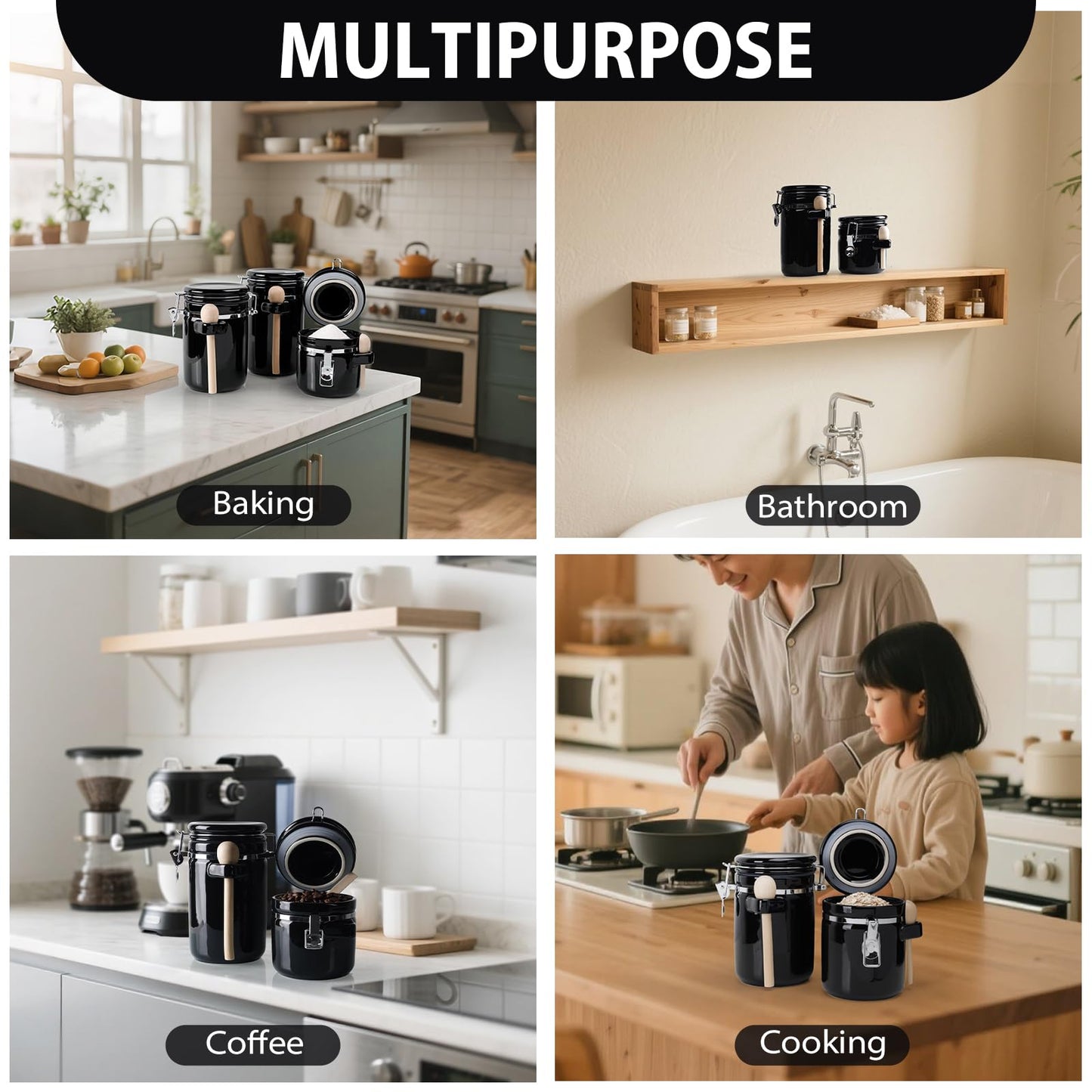 ZEBERBO 4 Piece Airtight Ceramic Canister Set With Attached Wooden Spoon Reusable Chalk Labels For Dry Goods Sugar Coffee Tea Kitchen Storage Use (Black)