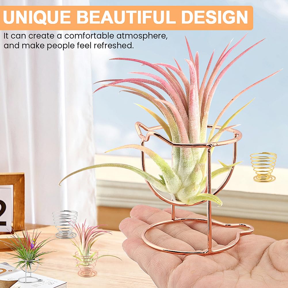 Kakalote 6pcs/pack Air Plant Holders, Geometric Metal Plants Stand Planter Shelves, Airplant Container Tillandsia Holder, Airplants Rack Tabletop Decor for Plant Lovers(cat + spring shape)