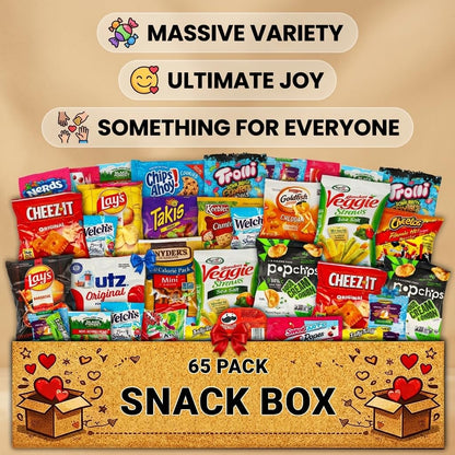 Snack Variety Care Package Gift Box, 65 Count Ready To Gift Assorted Snacks With Cookies Chips Bars Popcorn Crackers For Adults Kids Office Break Rooms School Snacks Camp Snack Gift Birthdays Welcome Gifts Get Well Soon Box