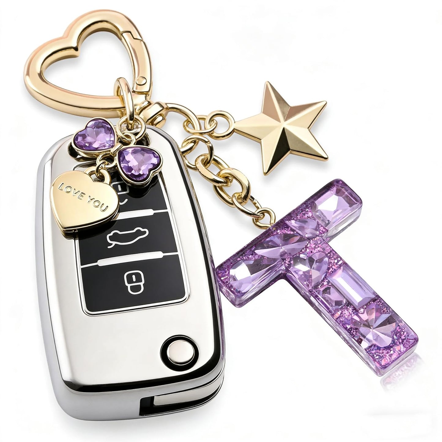 NIUYIBAO Crystal Letter Keychain with Heart Clasp, Gold Star and Heart Charms, Purple1.46 x 4.33 Inches (T)