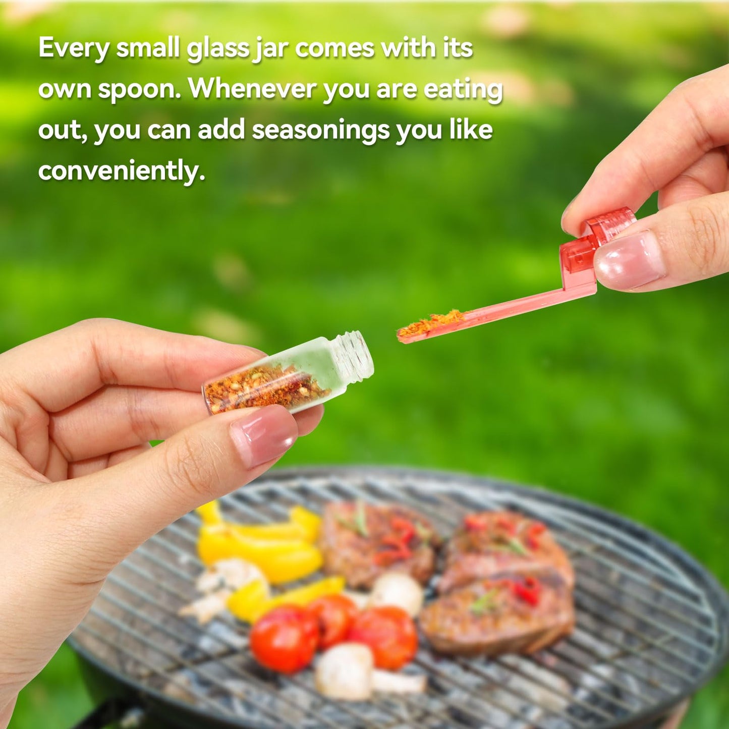 6-Pack Mini Seasoning Jars, Portable Condiment Dispensers with Spoon, Airtight & Transparent Glass Vials, 5ml Capacity Each, for Camping, Outdoor Activities, Travelling, and Kitchen Daily Use