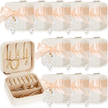 Nosiny 12 Set Travel Jewelry Case Box Bridesmaid Gifts Bulk with Cards and Ribbons Small Jewelry Storage for Women Wedding (White)