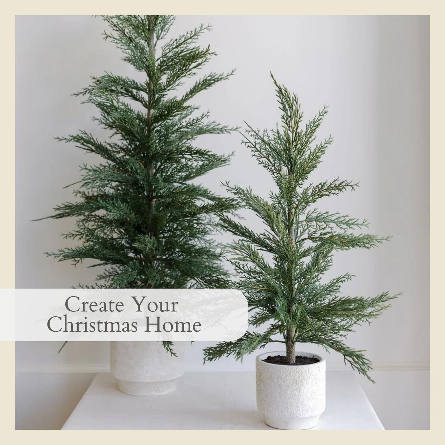 CG Hunter Holiday Collection, Set-of-2 Faux Evergreen Cedar Trees, Premium Artificial Indoor & Outdoor Cedar Tree Stands 24" Tall in Creme Pot–Perfect Christmas Decoration