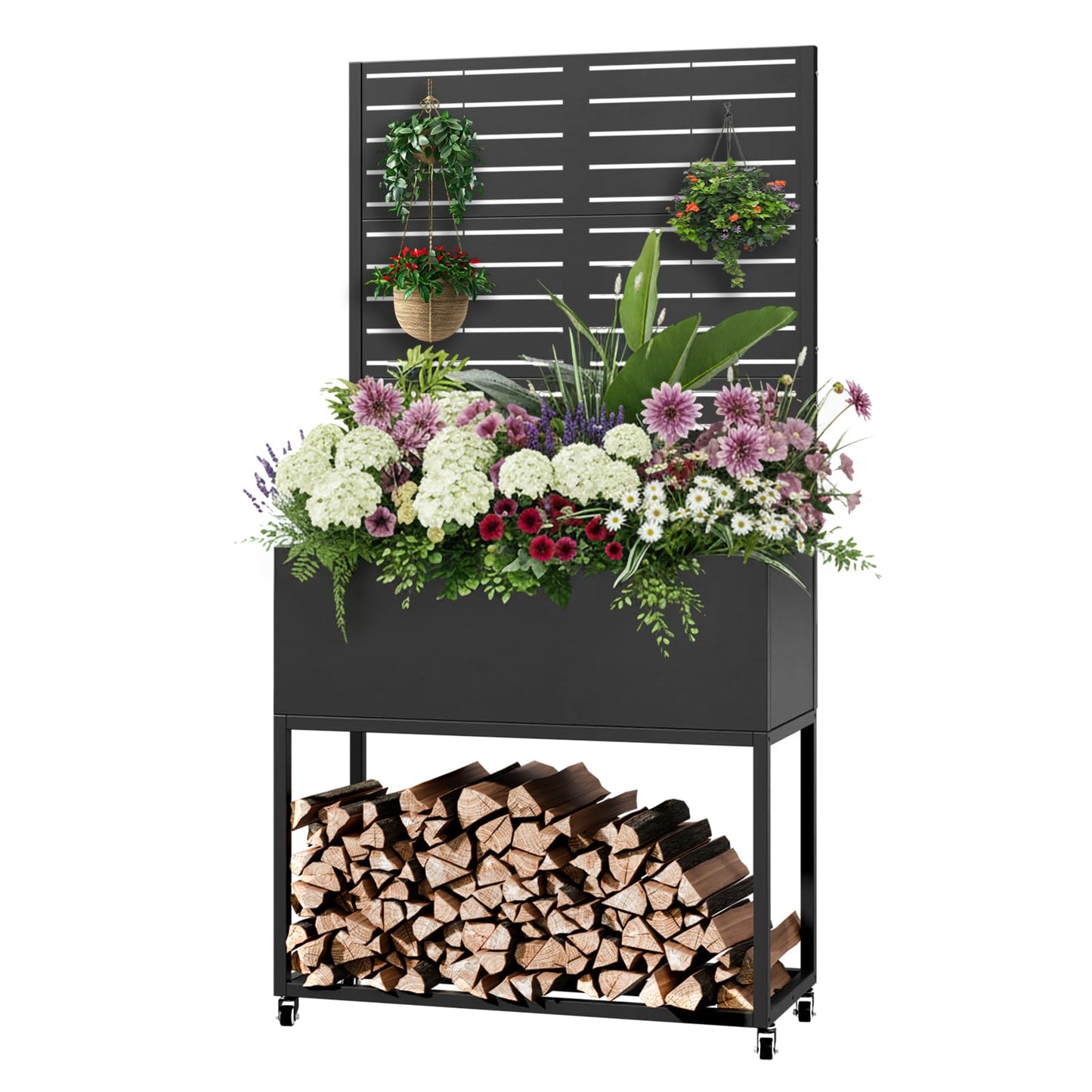 Diyfire Metal Planter Box with Trellis, 67"x35"x16"Metal Raised Garden Bed with Drainage Holes, Raised Garden Beds Outdoor, Privacy Planters Trellis for Climbing Plants, Patio,Garden, Wheels, Black