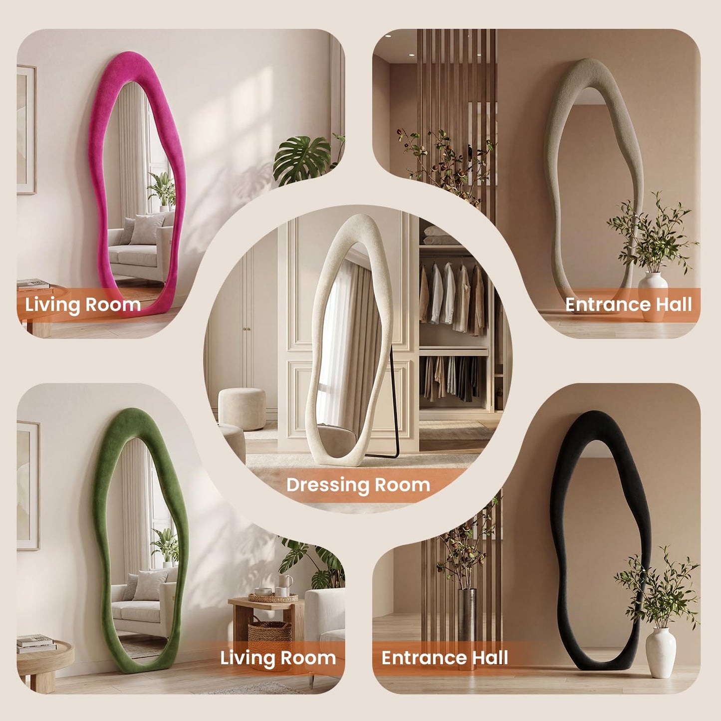 ZHUNFA Full Length Mirror,65×24 Mirror Full Length Wall Mounted Wrapped in Flannel,Featuring an Irregular Cloud Shaped Design,Room,Bedroom,Living Room Home Decor,Green.