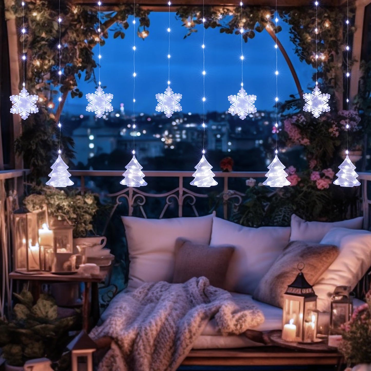 BLOOMWIN Christmas Window Lights Indoor - 2M 160 LED Christmas Window Decorations, Snowflake Curtain Hanging Fairy String Icicle Lights for Xmas Noel Bedroom Holiday Home Outdoor, Cold White USB