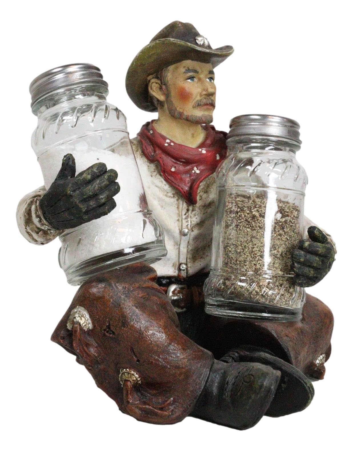 Ebros Gift Country Rustic Western Howdy Wrangler Cowboy With Chaps Sitting Crossed Legs Salt and Pepper Shakers Holder Figurine Set Farmhouse Ranch Wild West Southwestern Old World Decor