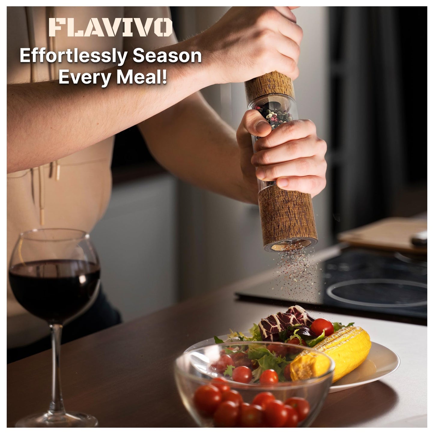 FLAVIVO Wooden Salt and Pepper Grinder Set, Manual Premium Acrylic Salt and pepper Mills with Adjustable Ceramic Core and Wooden Stand, 8-Inch Refillable Giftable Shakers (2 Pieces with Tray)