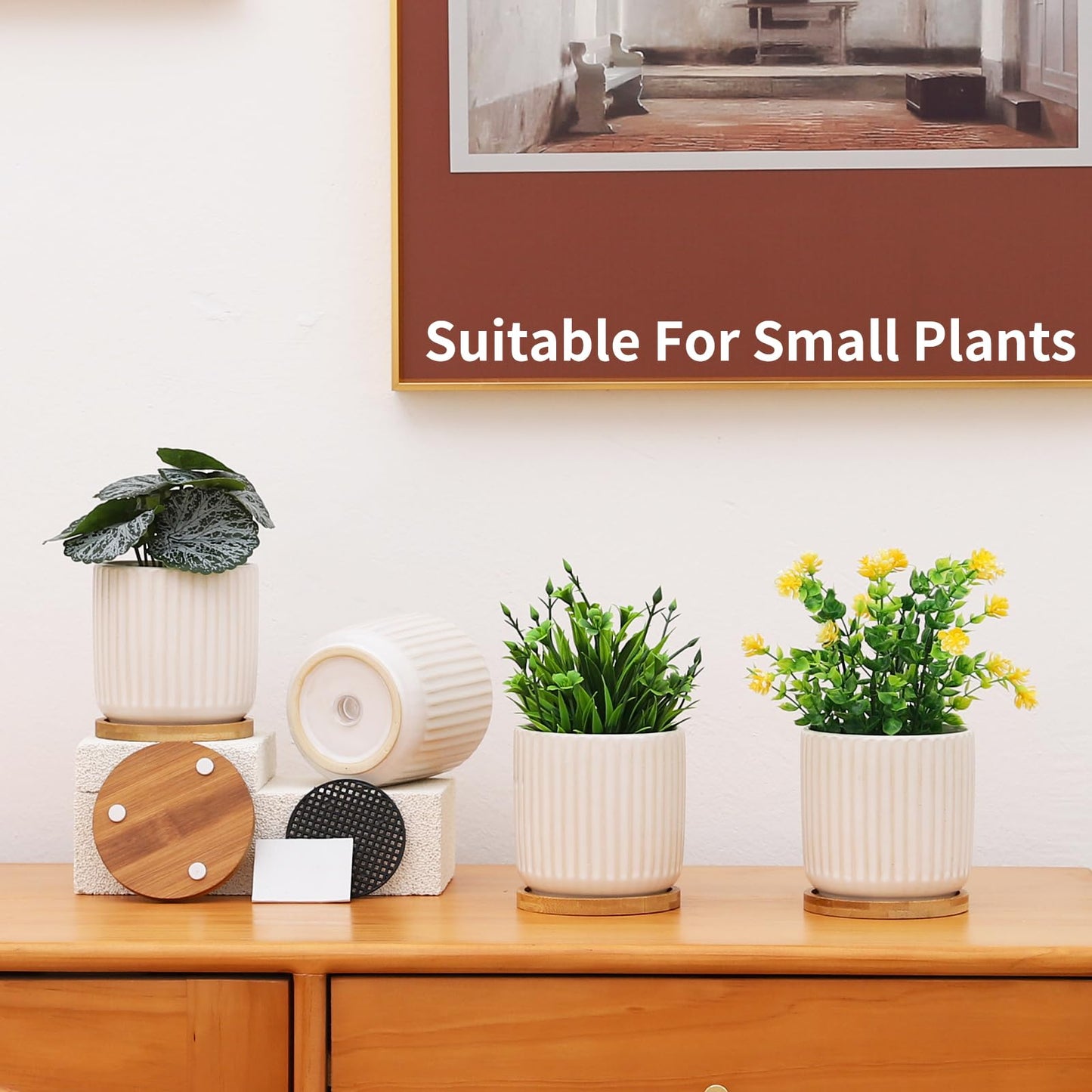 BABALIU 4 Inch Ceramic Plant Pots with Drainage Holes and Trays, Cylinder Vertical Stripes Small Flower Planter Pot with Bamboo Saucers for Indoor Plants, Succulent, Snake Plants, Cactus, Set of 4