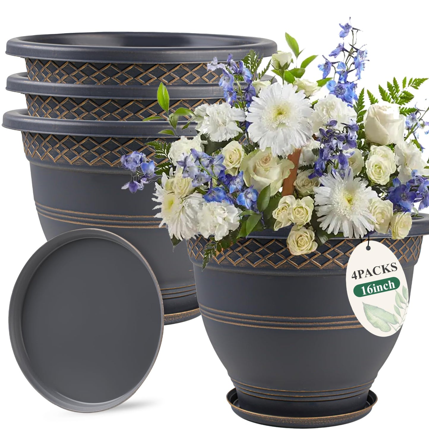 Usocik 4 Pack 16 Inch Large Plant Pots, Plastic Flower Pot for Indoor & Outdoor with Drainage Holes & Saucer, Plaid Pattern Planters Garden Pots for Herbs Gold