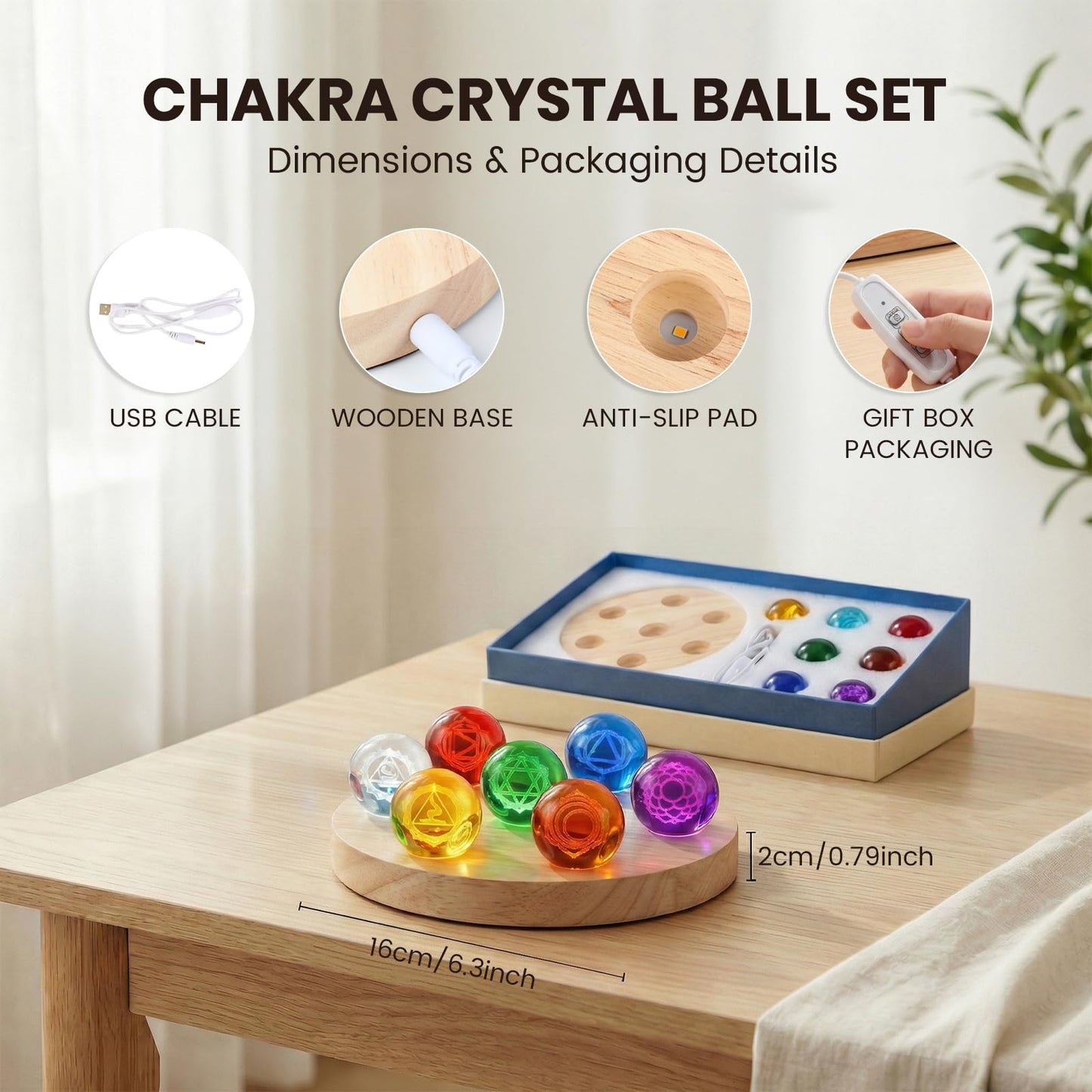 Hivexagon 7 40mm Chakra Crystal Ball Equipped with LED Wooden Base Come with Dimmer and Timer Cable for Meditation, Feng Shui Divination, Night Light Decorative, Gift (16X16X2cm)