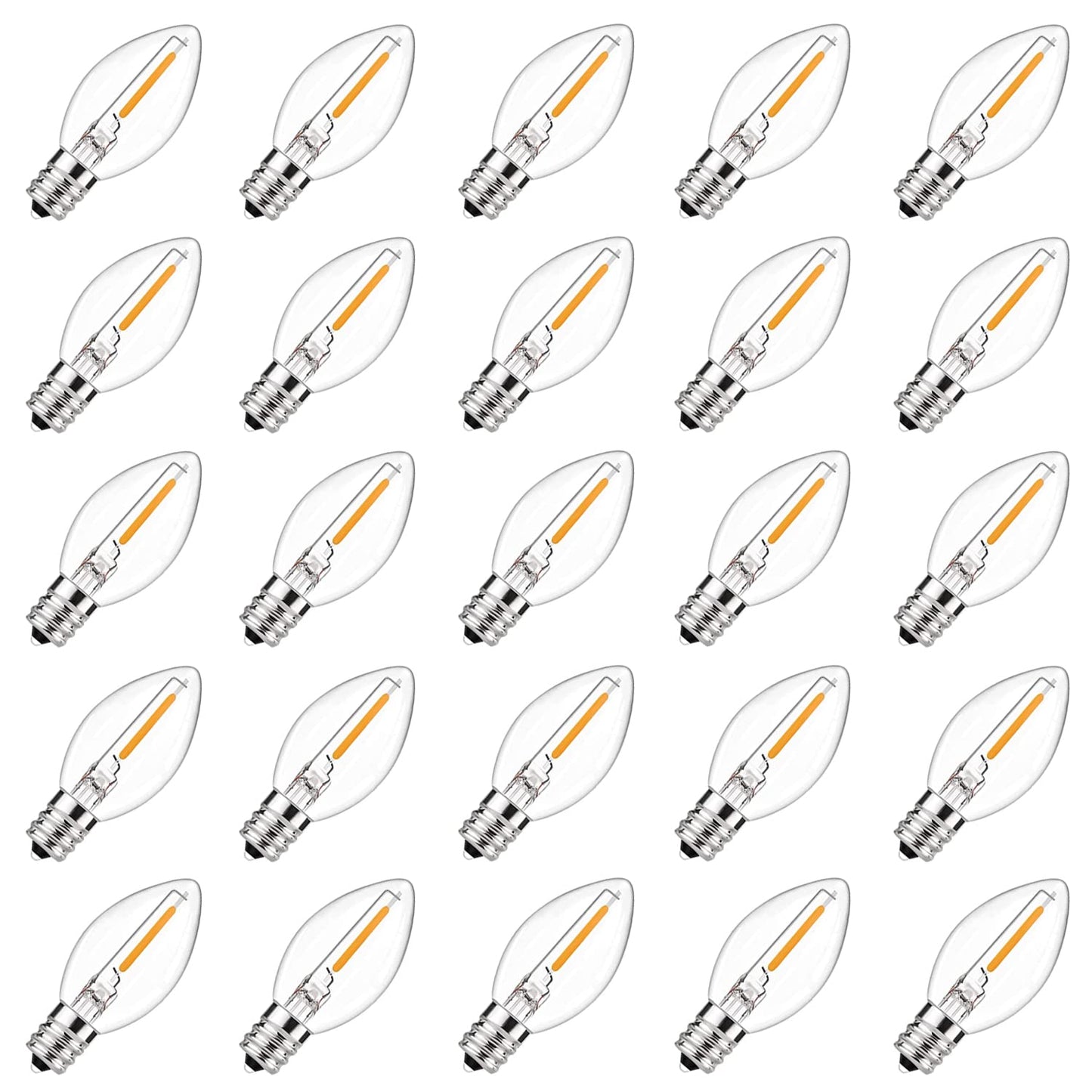 25 Pack C7 Led Replacement Christmas Light Bulb, 0.6W C7 Clear LED Replacement Lights Bulbs for Christmas Outdoor String Lights Window Candles, E12 Candelabra Base Night Light Bulbs, Warm White