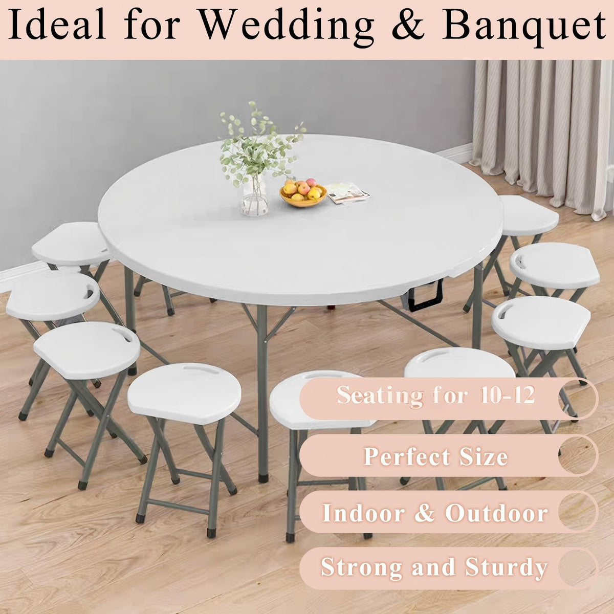 JALANCY 5 FT Round Folding Tables with Carrying Handle 60 inch Heavy Duty Portable Plastic Commercial Table Steel Legs for Party, Dining, Wedding, Events, Picnic Indoor, Outdoor (White,1 Pack)
