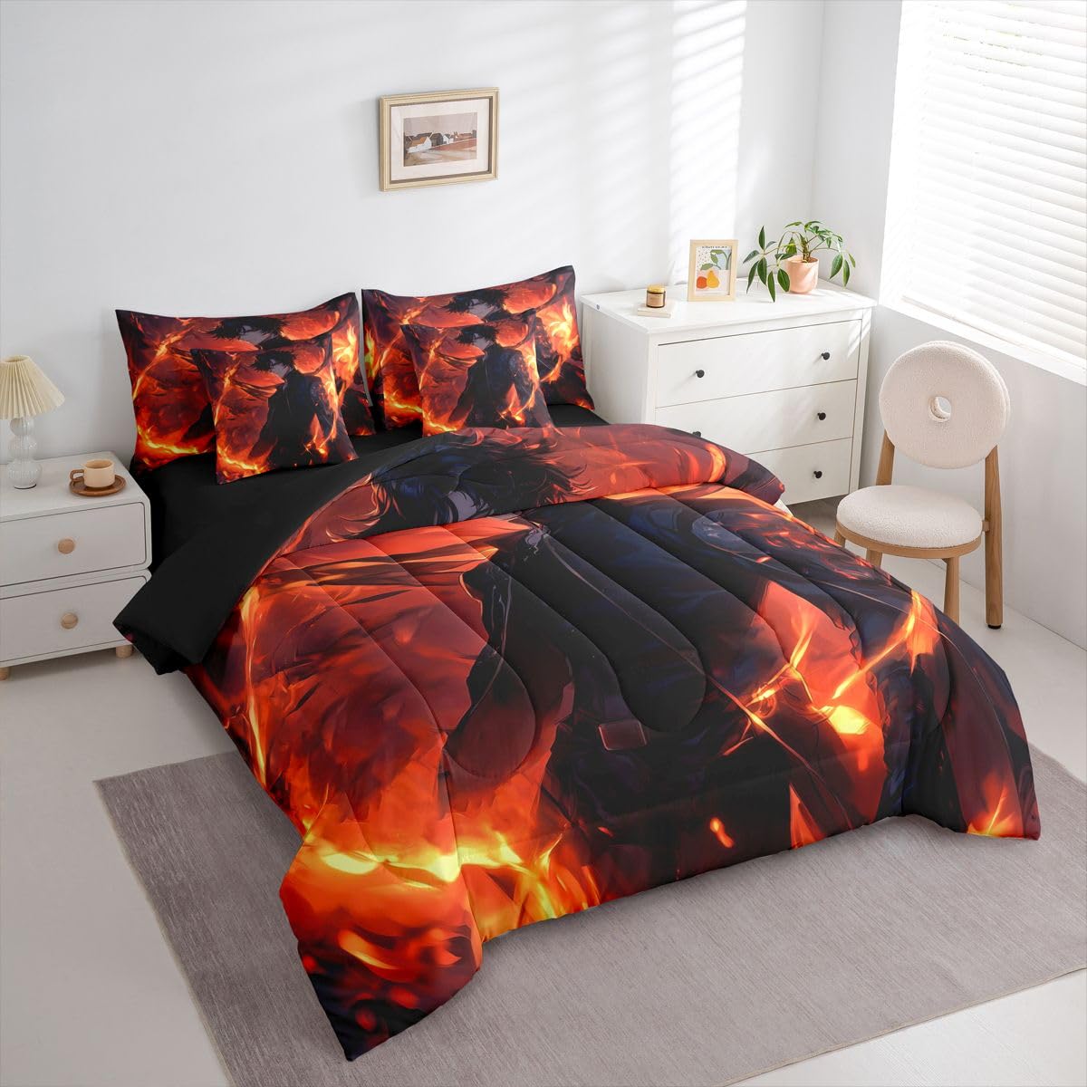Erosebridal Anime Boy Twin Comforter Set 7 Piece,Japanese Anime Bedding Set with Sheets for Boys Teen Kids,Gaming Gamer Bed Set with Fitted Sheet,Flat Sheet,Pillowcases,Throw Pillow Covers