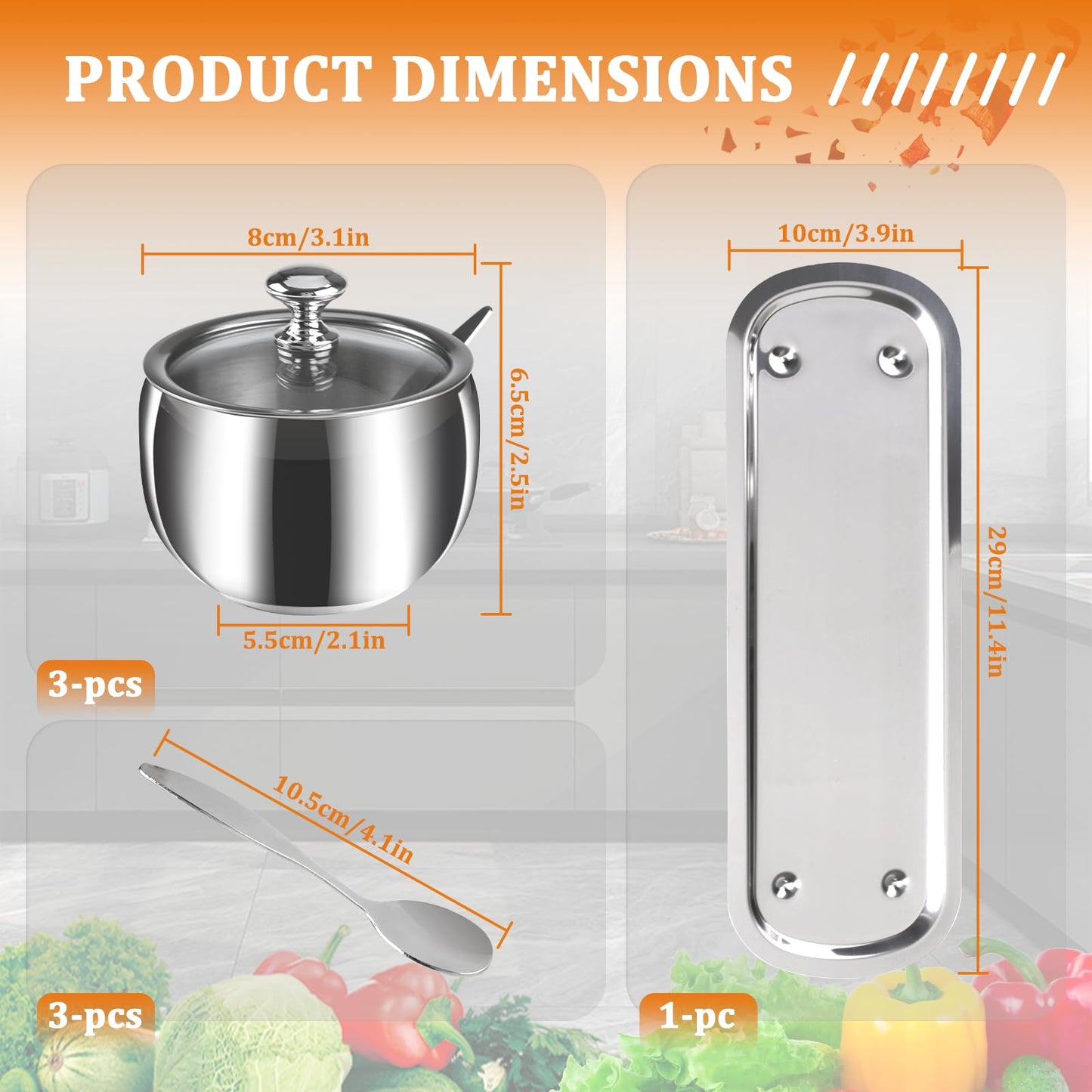 3 Grids 10 Oz Stainless Steel Sugar Bowl with Spoon Tray Lid, Silver Salt Spice Containers Dispenser Set, Sugar Jar Holder Dish for Coffee Bar Storage Seasoning Kitchen Countertop (Silver)