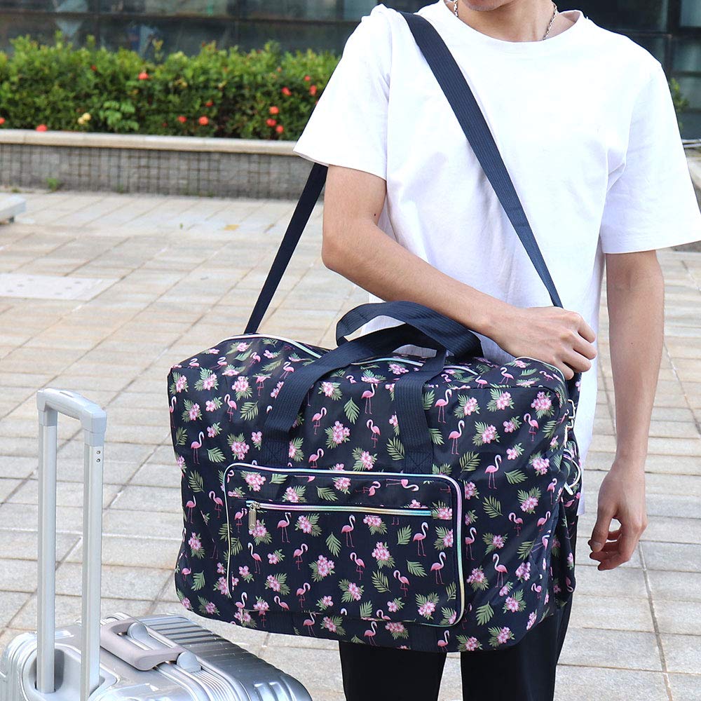 Arxus Large Foldable Duffel Tote Carry on Weekend Overnight Travel Bag Over Luggage with Shoulder Strap (Blue Flamingo)