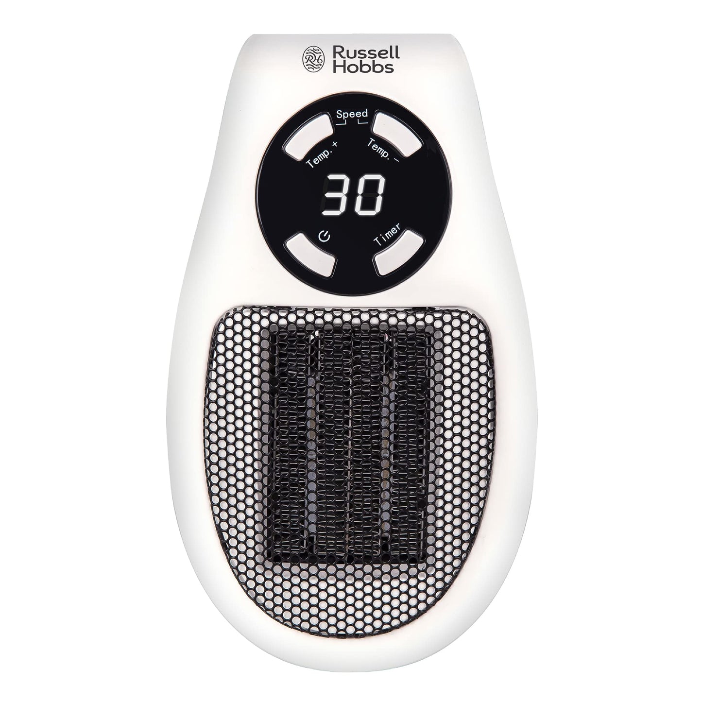 Russell Hobbs RHPH2001 500W Ceramic Plug Heater, Adjustable thermostat, 12 Hour Timer & LED Display, 2 Fan Speeds, 2 Year Guarantee, White